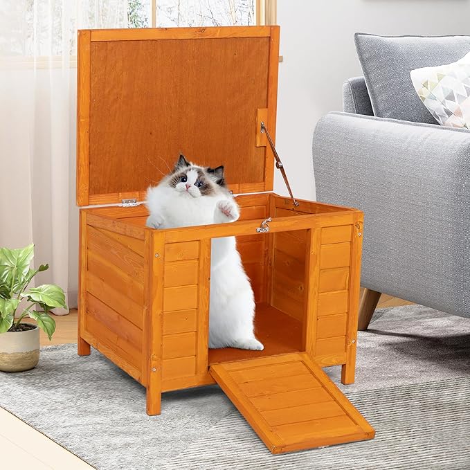 COZIWOW 24inches Wooden Catio Outdoor Cat House Small Animal House，Rabbit Hutch Indoor，Stable Weatherproof Bunny Cage Pet Shelter for Small Cat Dog Rabbit Guinea Pig(Orange)
