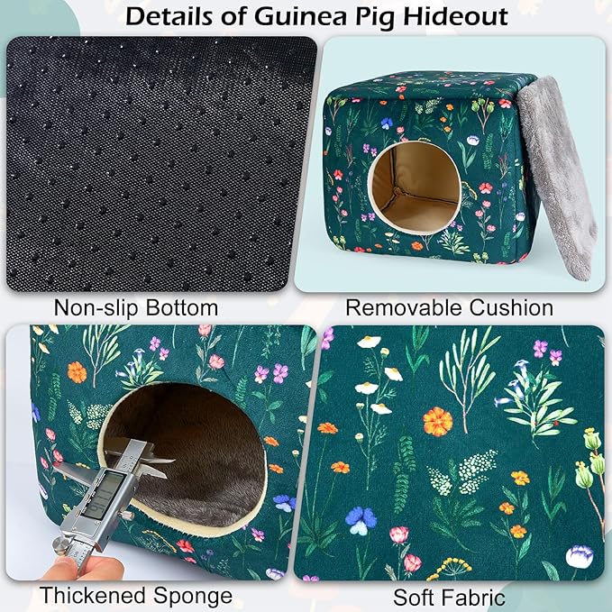 Bienbee Guinea Pig Hideout, Washable Guinea Pigs House Cozy Guinea Pigs Bed for Small Pet Bunny/Rabbit/Hamster/Chinchilla Guinea Pig Accessories Green Flowers