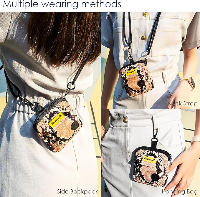 Dog Treat Pouch for Pet Walking and Training with Clicker Poop Bags and Double Bag Design Small Fanny Zipper Pack Holder for Puppy Snack Dispenser Kit for Leash and Outdoor Use Snake Skin