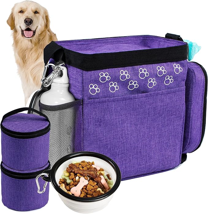 Dog Travel Bag with Treat Pouch, Airline Approved Dog Bags for Traveling, 2 Dog Food Travel Container, 2 Travel Bowls, Weekend Dog Travel Bag for Supplies, Dog Travel Kit Accessories